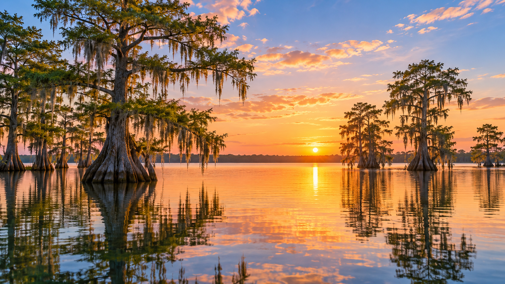 Florida cypress trees reflected in calm water at sunrise